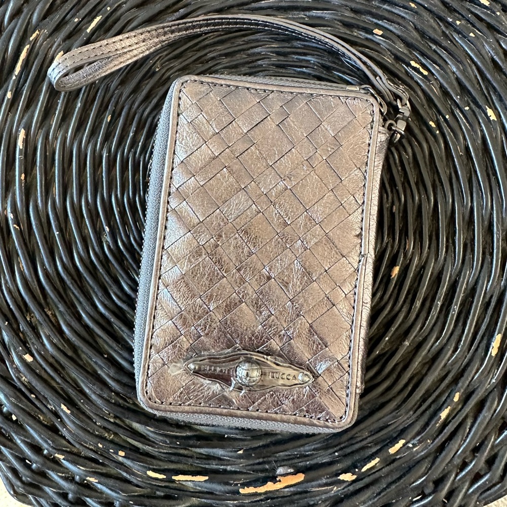 Elliott Luca grey/ silver leather woven wallet/ wristlet